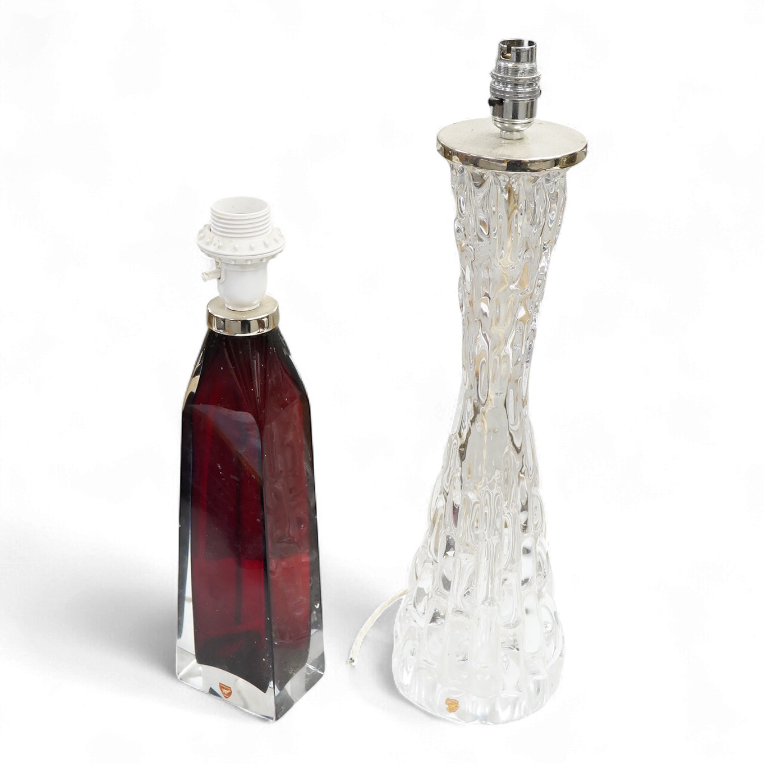 Two mid-century Orrefors glass table lamp bases, largest 49cm high including the fitting